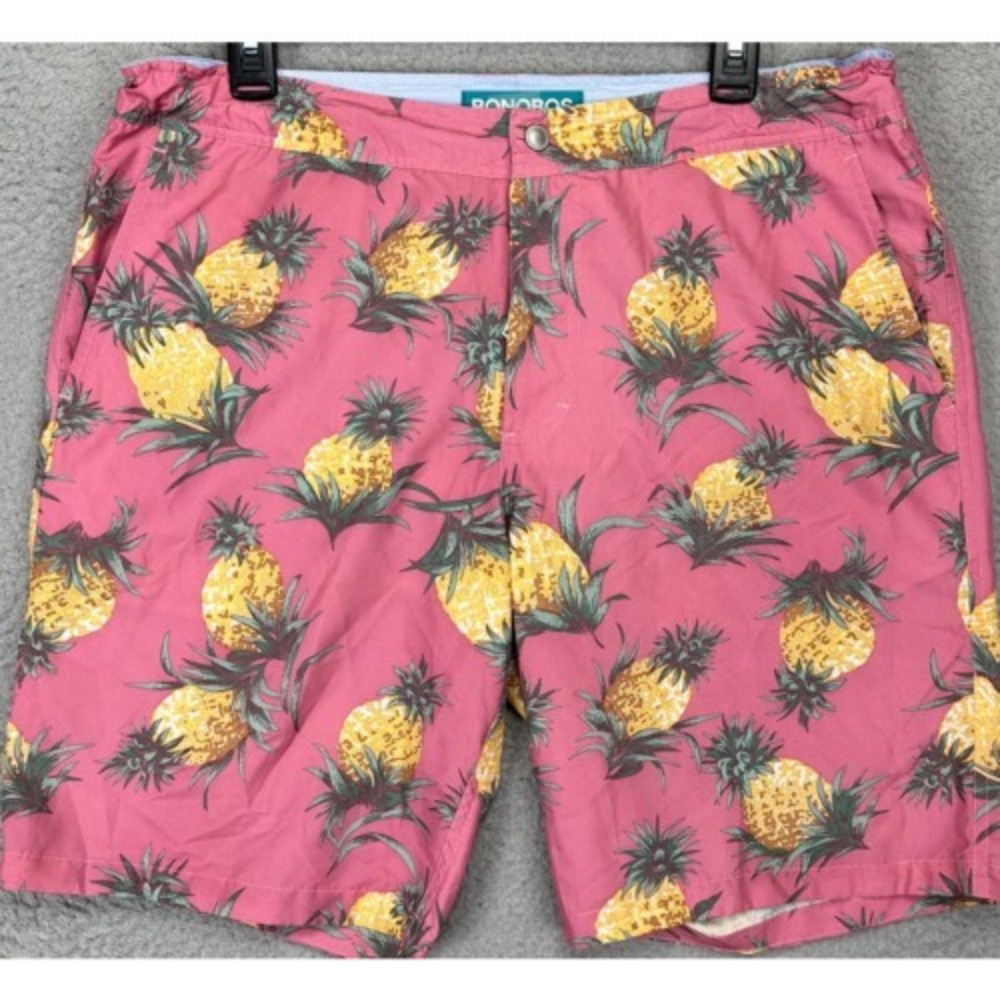 Bonobos Swim Trunks Mens‎ 33X9 Pink Pineapple Print Mesh Lined Logo Board Shorts